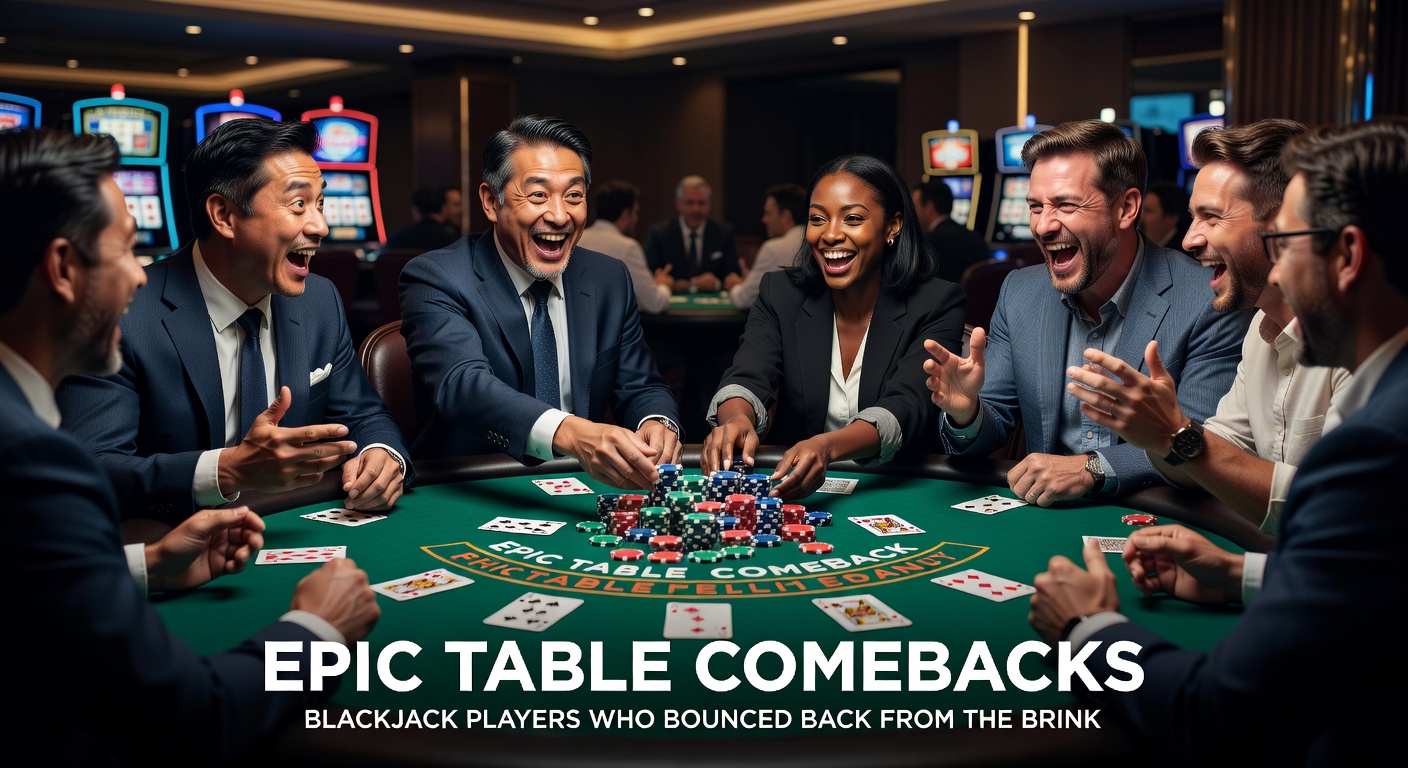A tense blackjack table scene with chips stacked high and players locked in concentration, capturing the drama of a high-stakes comeback