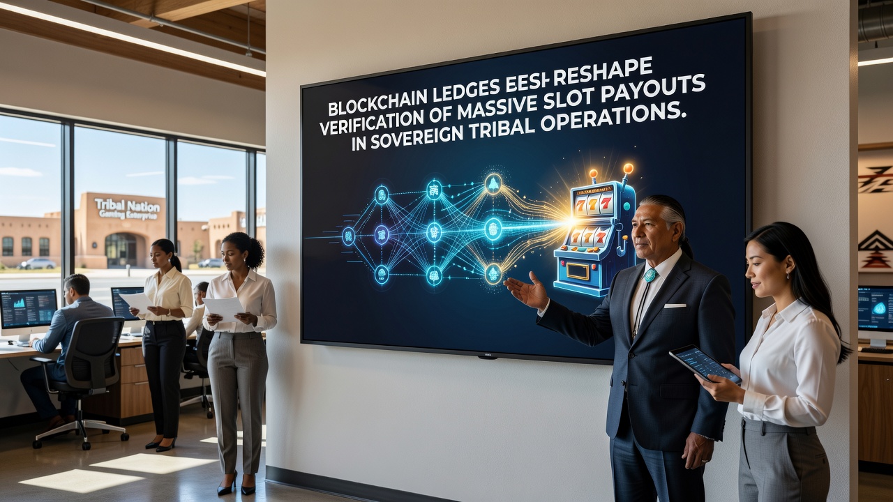 Tribal casino staff reviewing blockchain-verified slot payout documentation on secure terminals