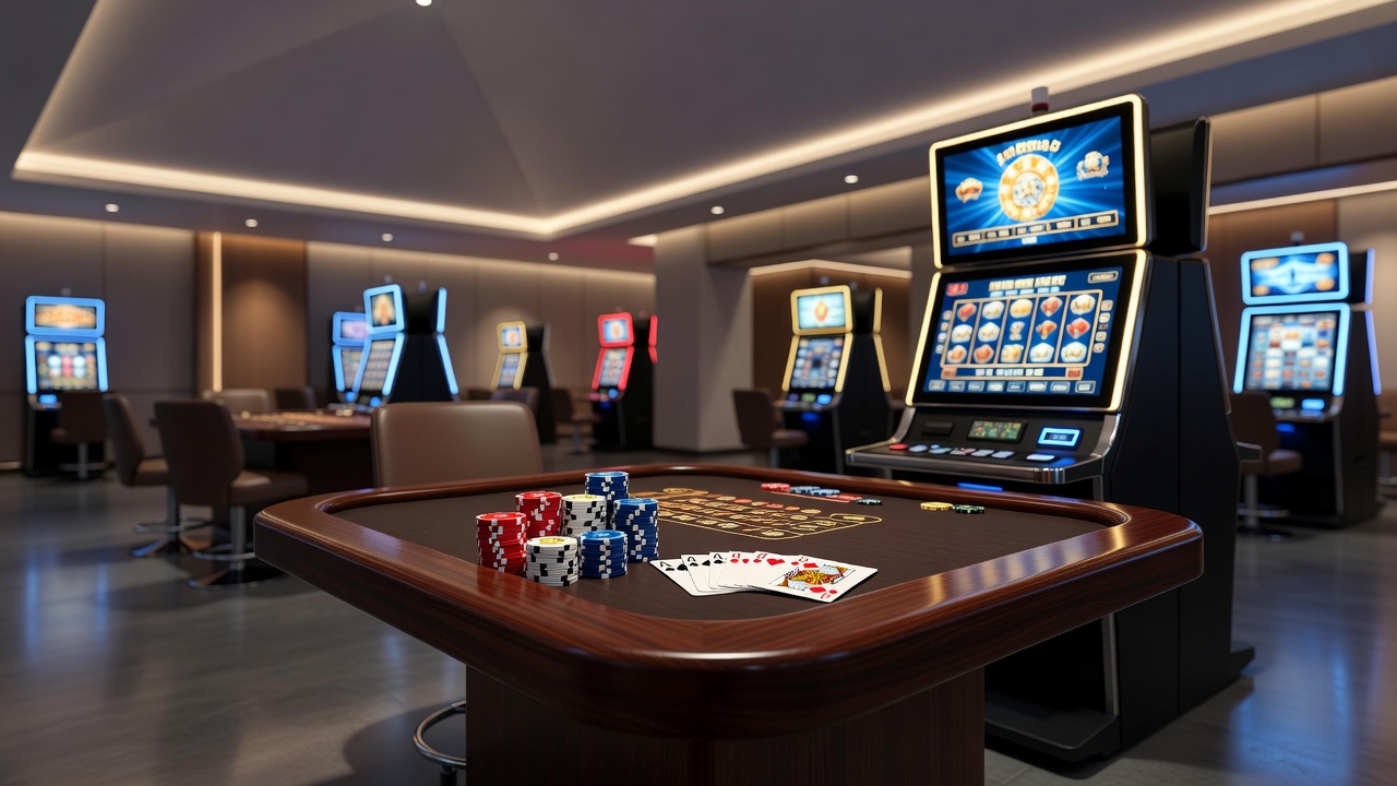 Modern slot machines with digital displays and progressive jackpot indicators on a casino floor