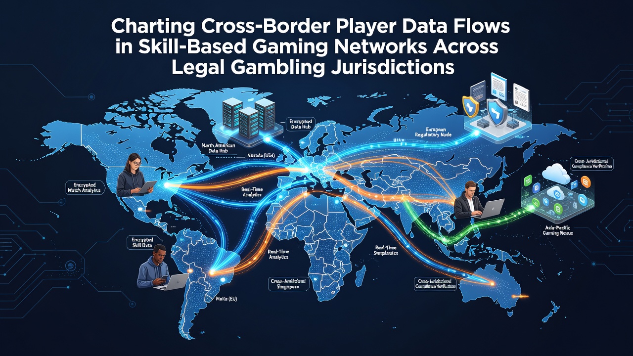 Diagram illustrating secure data routing between skill-based gaming servers in multiple regulated jurisdictions
