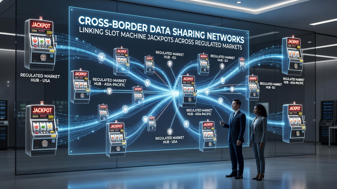 Detailed view of data servers and network infrastructure supporting cross-border jackpot sharing in gambling operations