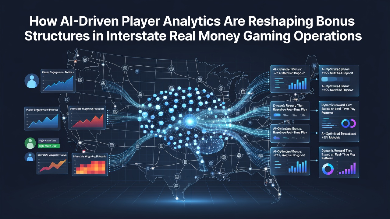 AI analytics dashboard displaying player behavior patterns and bonus recommendations for interstate gaming operations