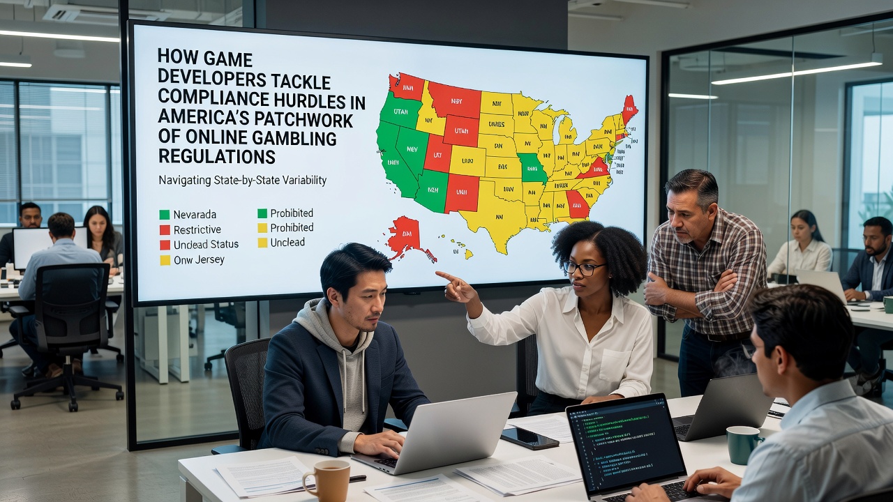 Developers collaborating on code updates for state-specific gambling compliance features