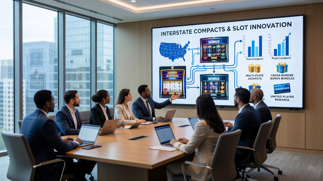 Regulatory analysts reviewing slot game code and promotional terms during a compact compliance meeting