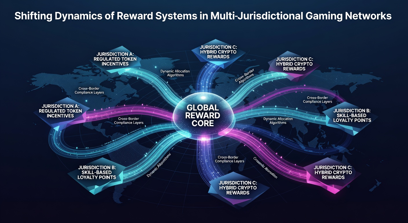 Illustration of interconnected gaming platforms showing reward points flowing across state and international borders with digital interfaces and regulatory icons